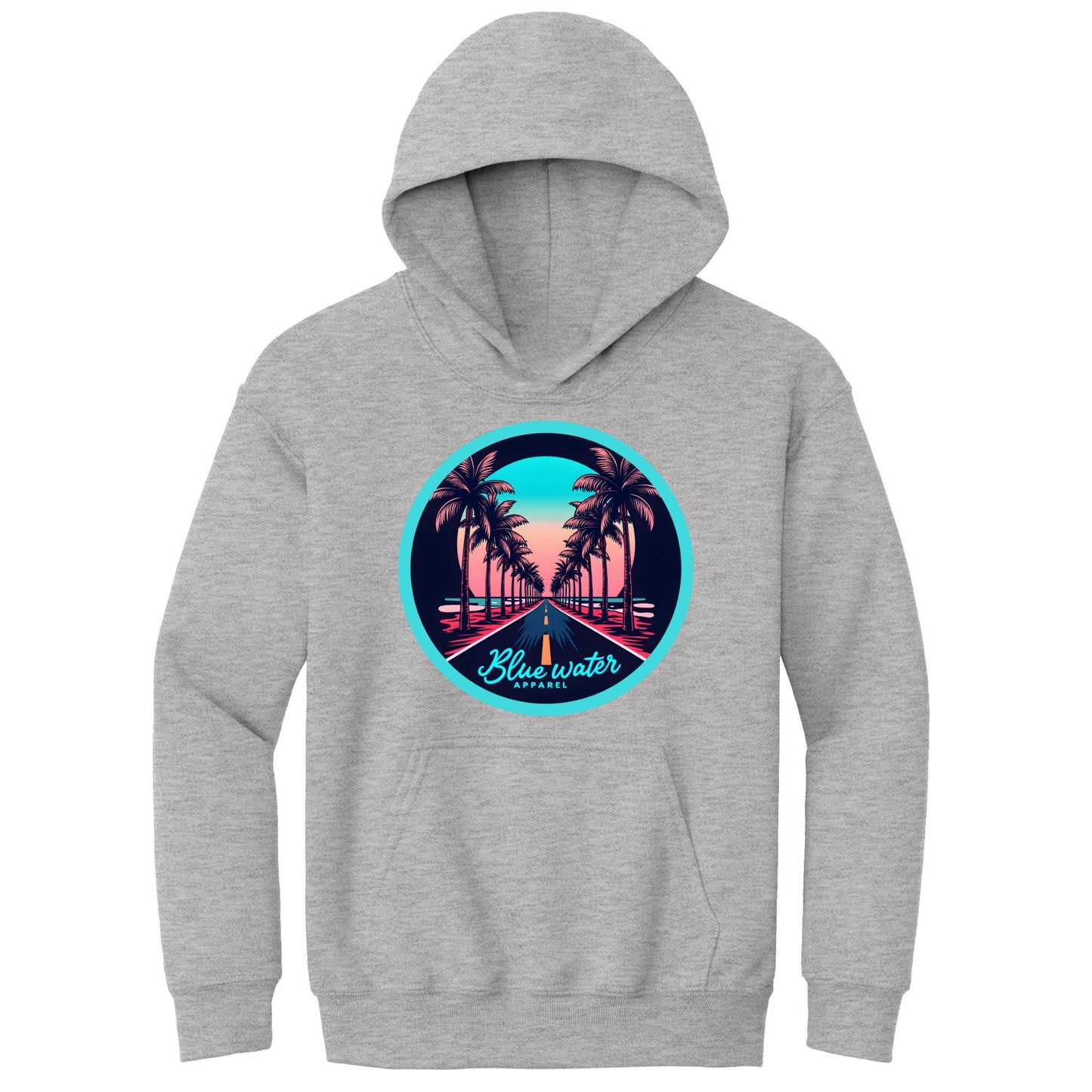 flat lay sport grey palm tree road kids hoodie by blue water apparel