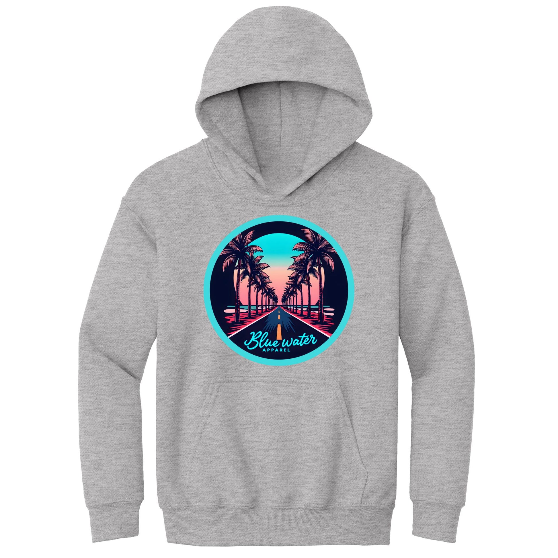 flat lay sport grey palm tree road kids hoodie by blue water apparel