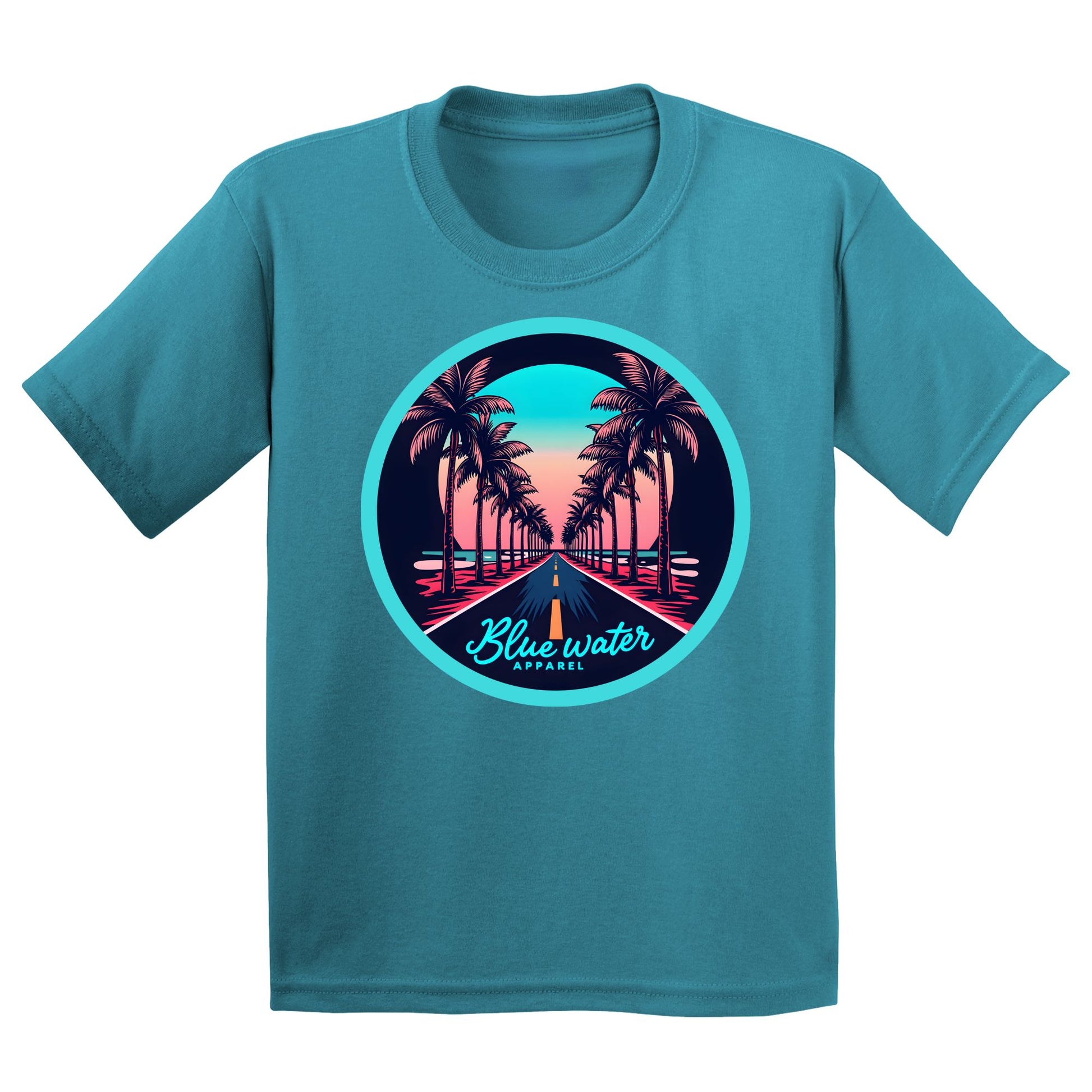 flat lay tropical blue palm tree road kids tee by blue water apparel