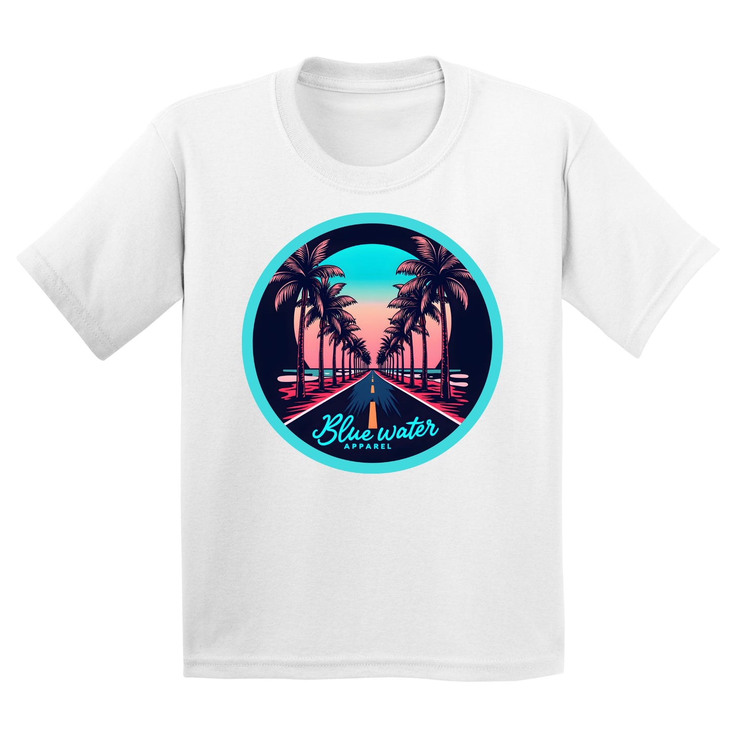 flat lay white palm tree road kids tee by blue water apparel