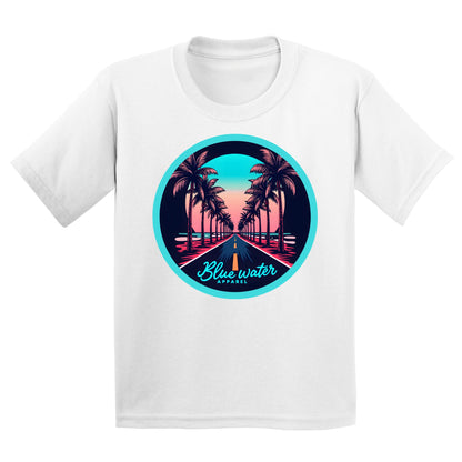 flat lay white palm tree road kids tee by blue water apparel