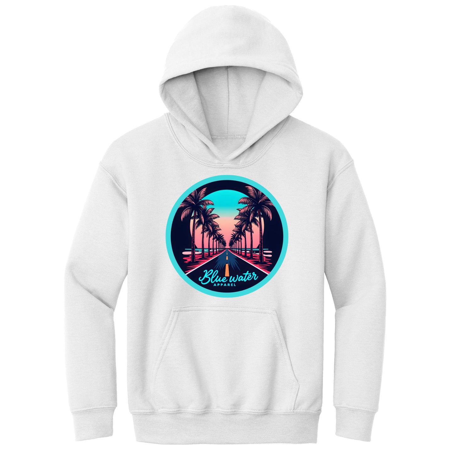 flat lay white palm tree road kids hoodie by blue water apparel