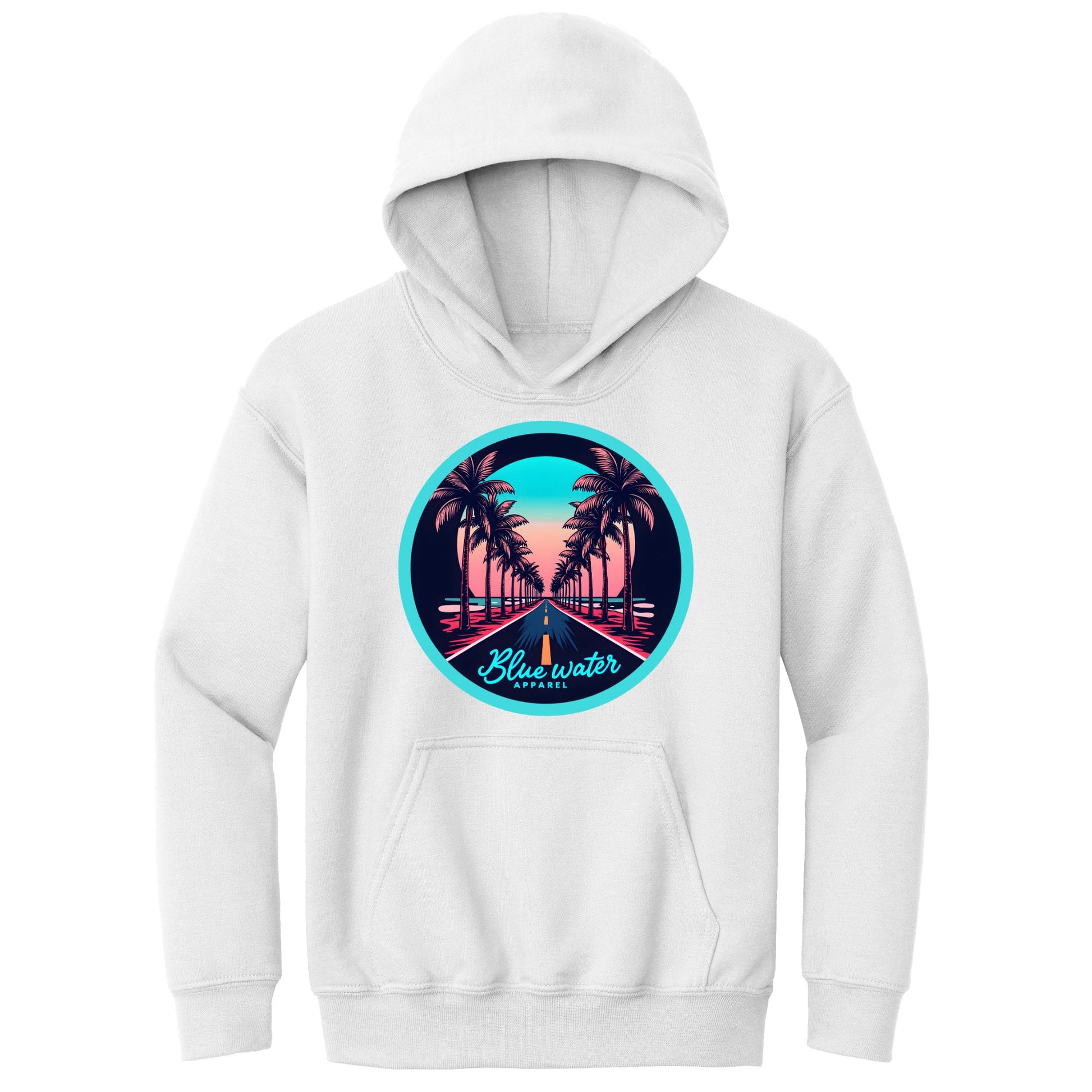 flat lay white palm tree road kids hoodie by blue water apparel