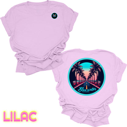 flat lay back graphic lilac palm tree road tee by blue water apparel
