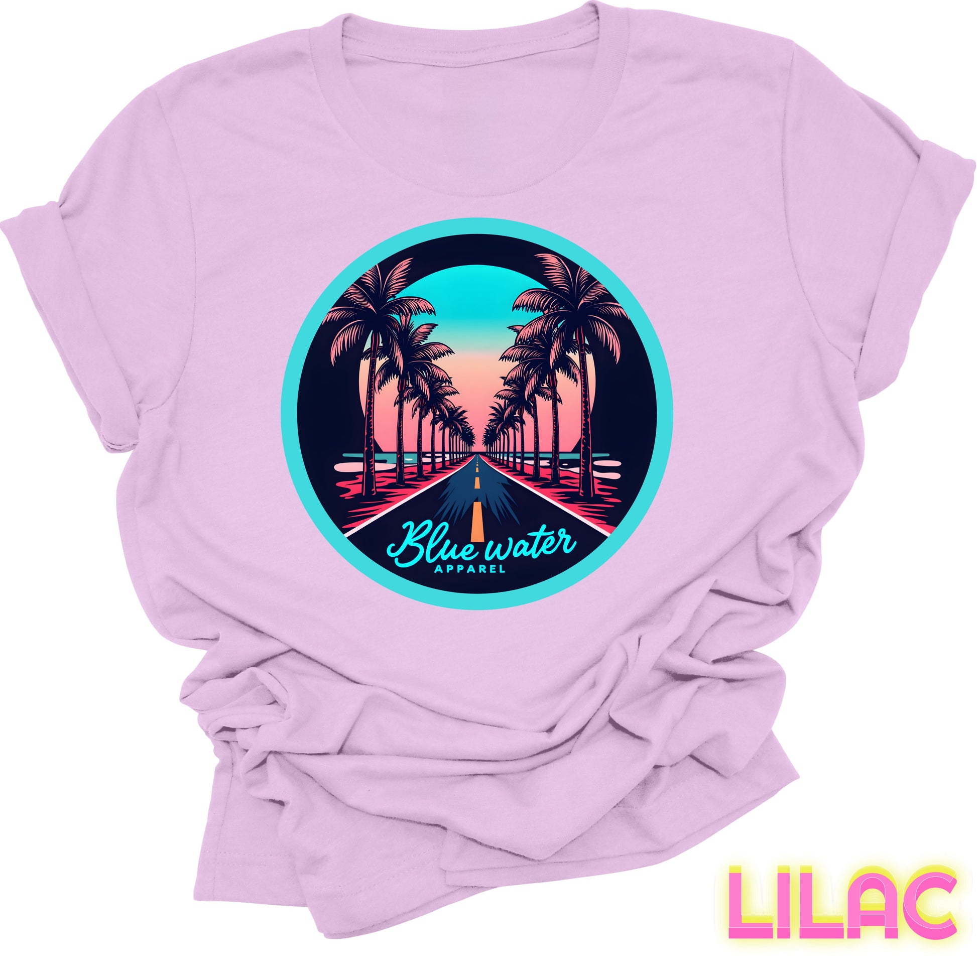 flat lay front graphic lilac palm tree road tee by blue water apparel