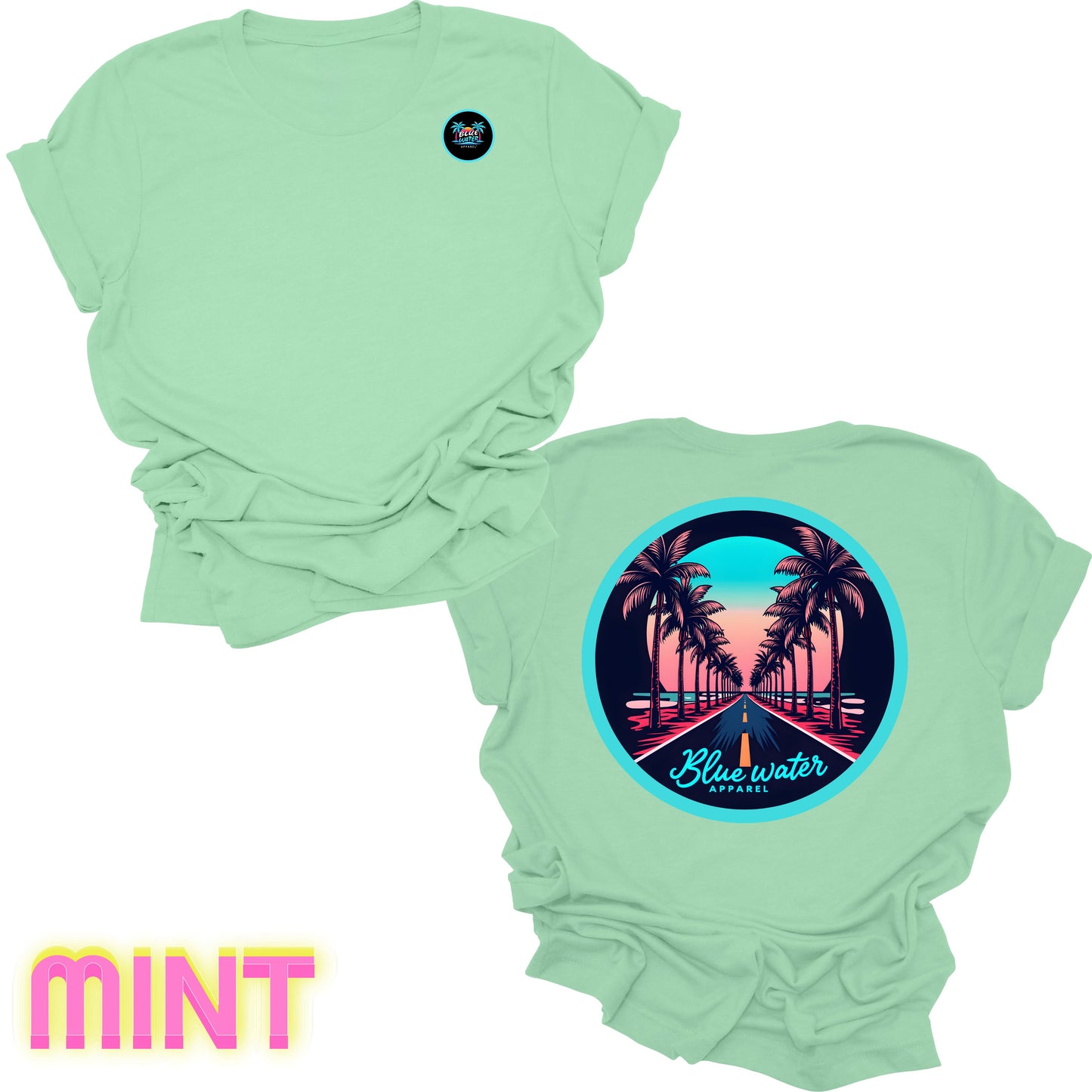 flat lay back graphic mint palm tree road tee by blue water apparel