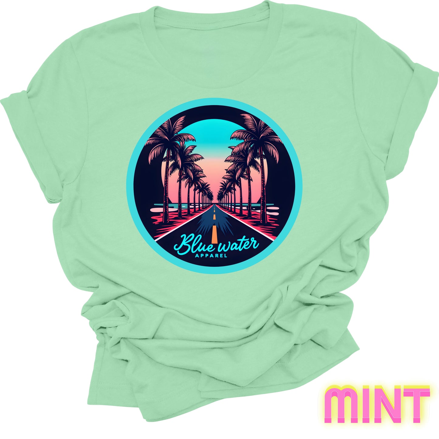 flat lay front graphic mint palm tree road tee by blue water apparel
