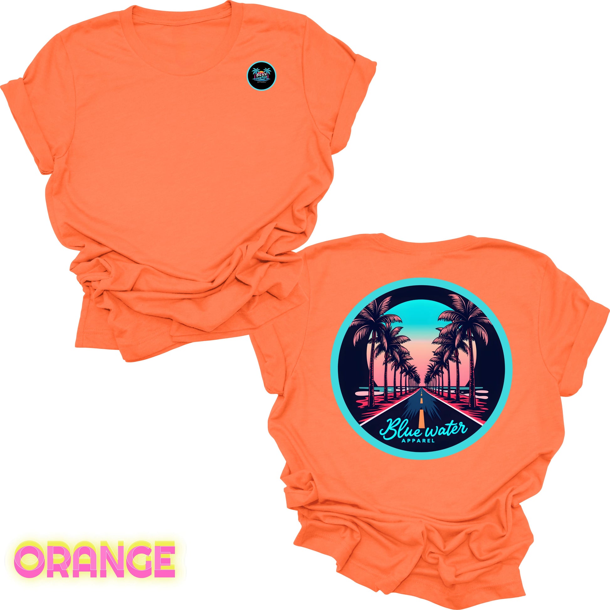 flat lay back graphic orange palm tree road tee by blue water apparel