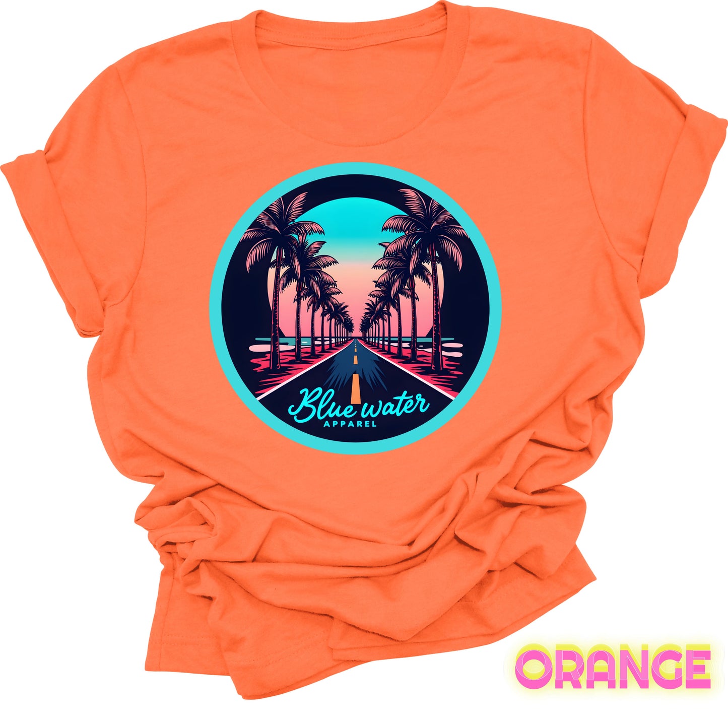 flat lay front graphic orange palm tree road tee by blue water apparel