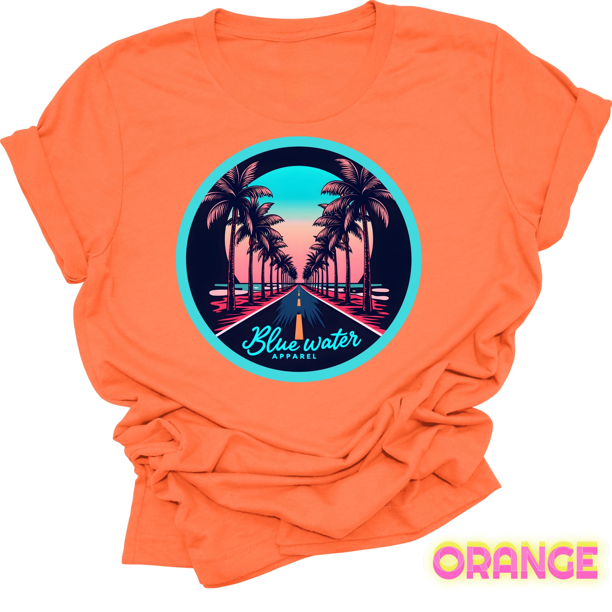 flat lay front graphic orange palm tree road tee by blue water apparel