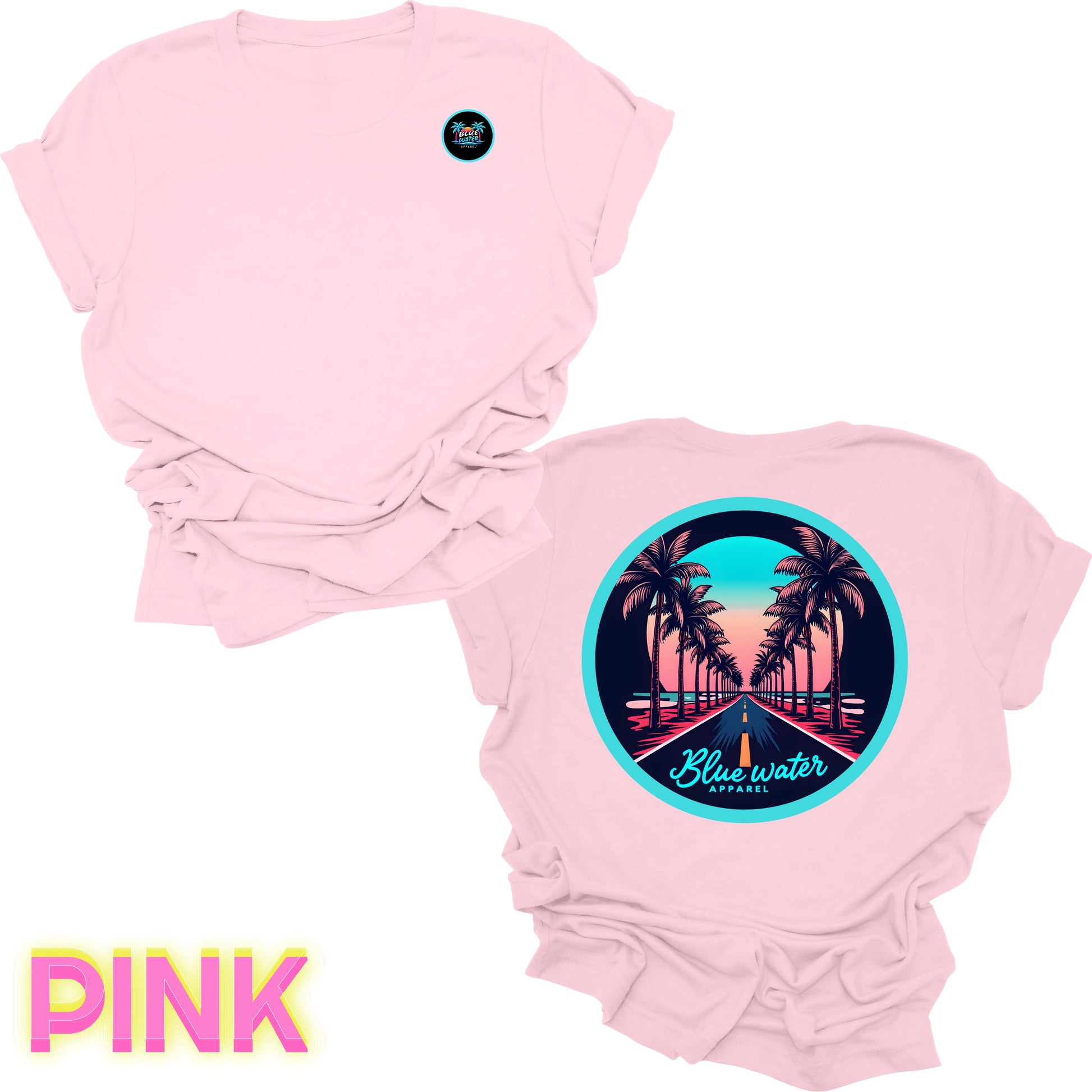 flat lay back graphic pink palm tree road tee by blue water apparel