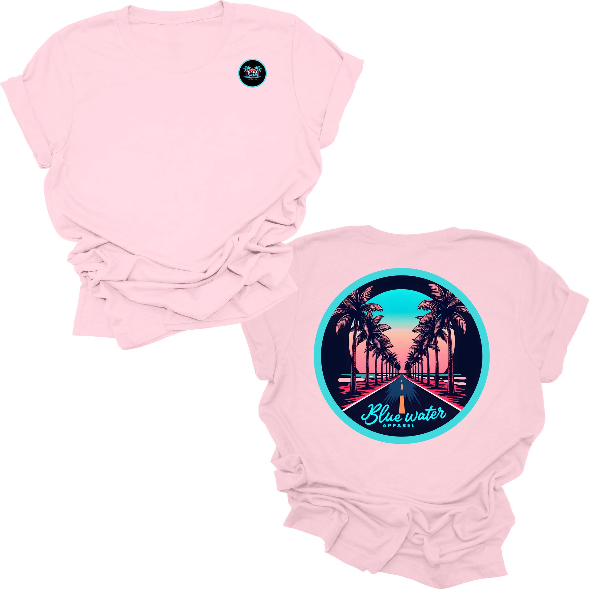 flat lay pink palm tree road tee by blue water apparel