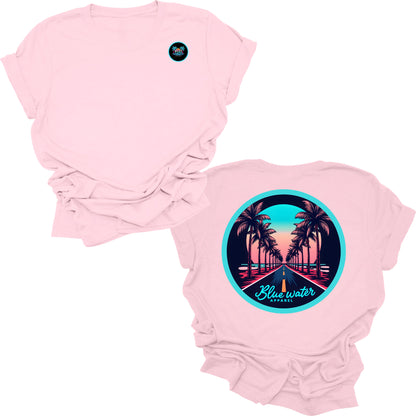 flat lay pink palm tree road tee by blue water apparel
