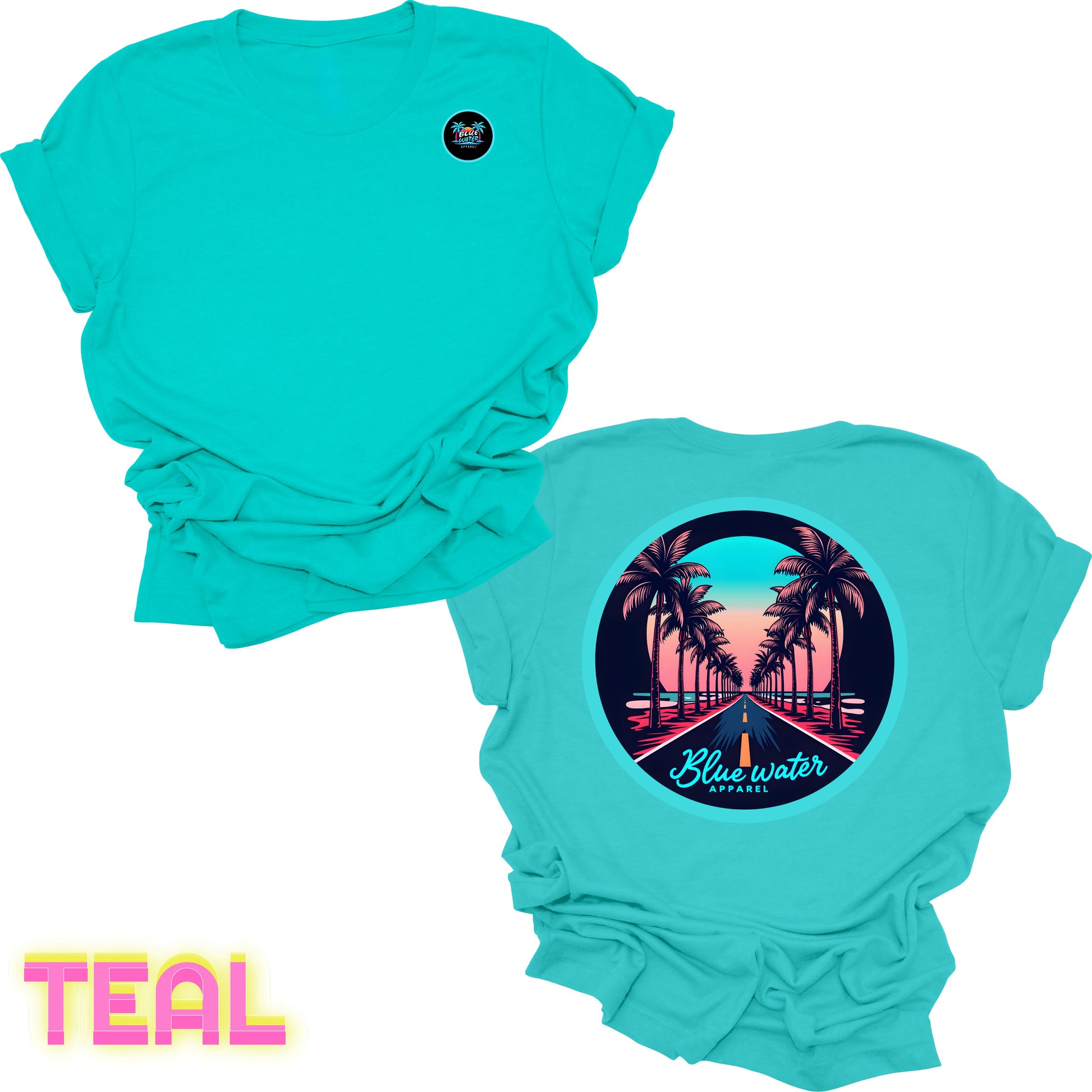flat lay back graphic teal palm tree road tee by blue water apparel