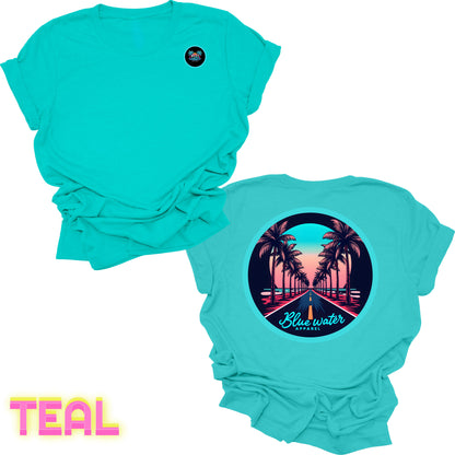 flat lay back graphic teal palm tree road tee by blue water apparel