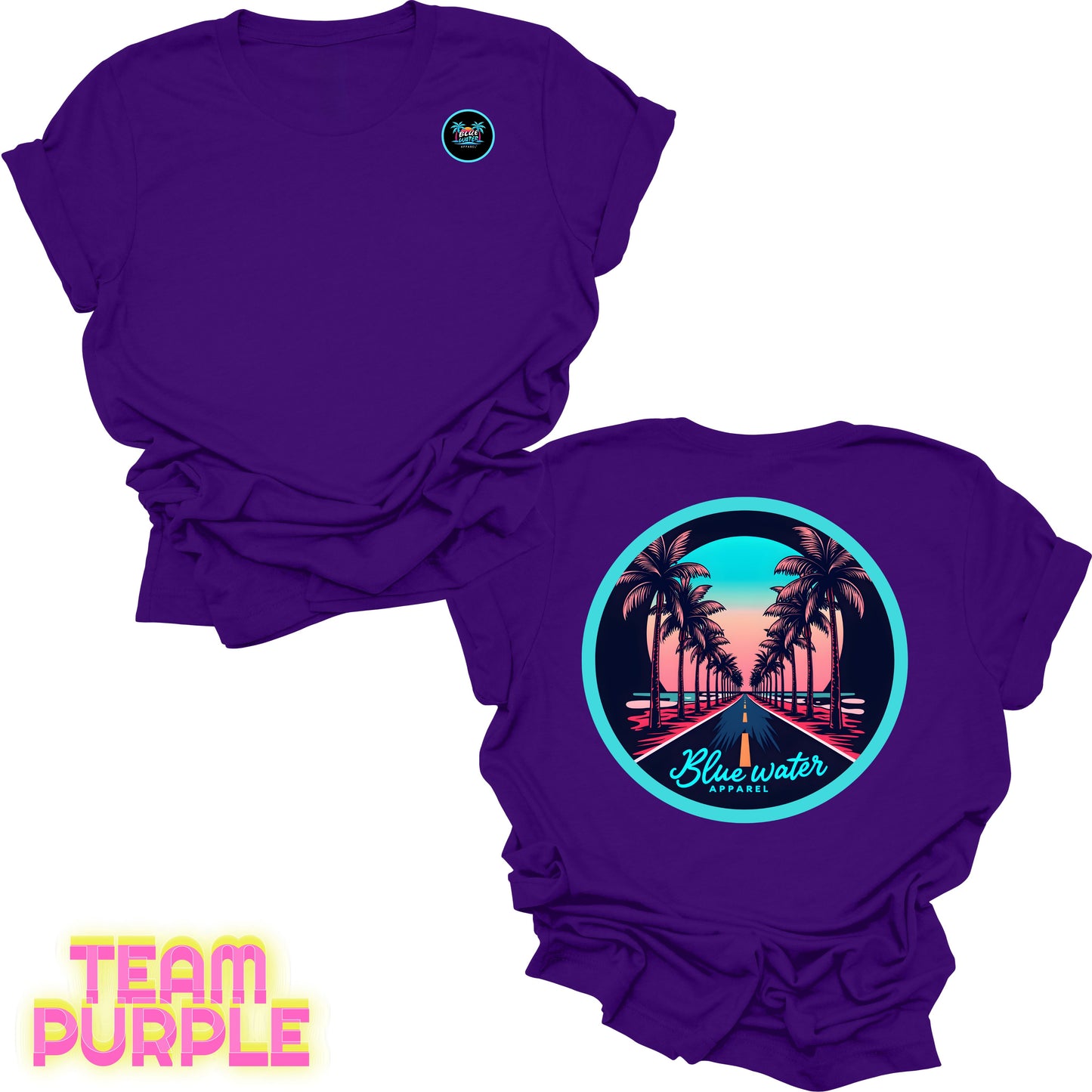 flat lay back graphic team purple palm tree road tee by blue water apparel