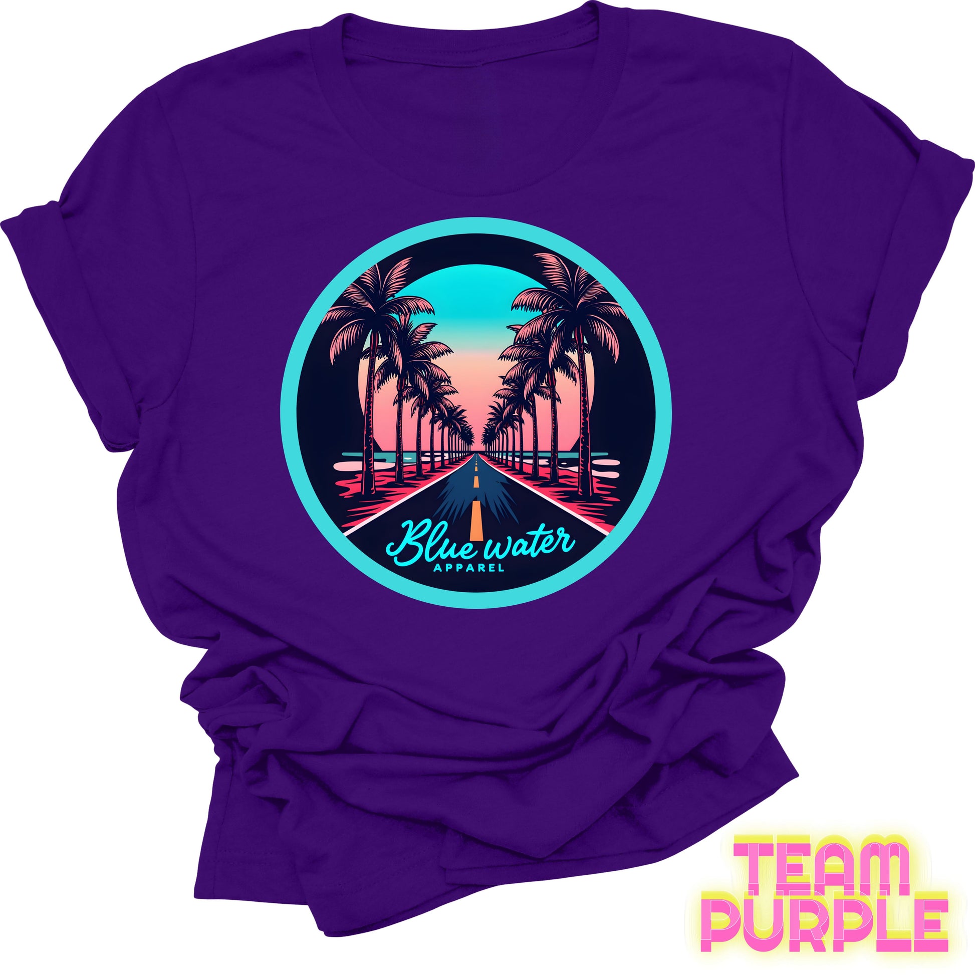 flat lay front graphic team purple palm tree road tee by blue water apparel