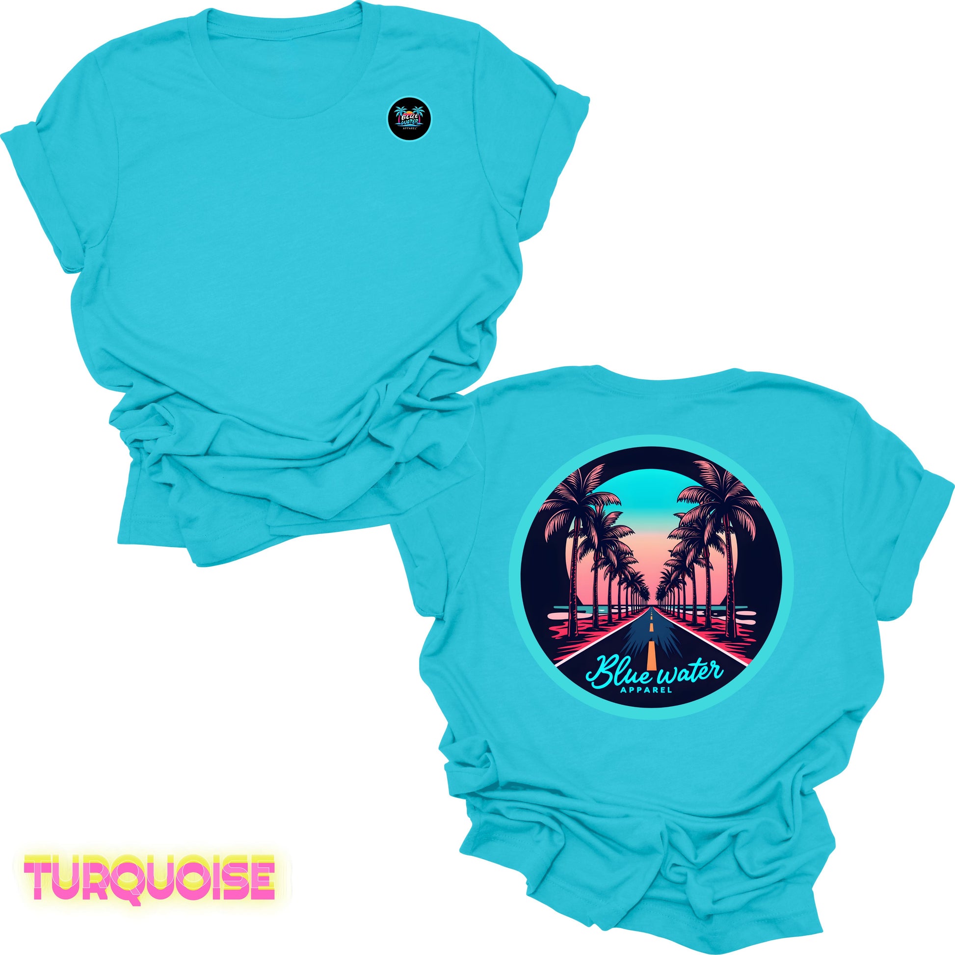 flat lay back graphic turquoise palm tree road tee by blue water apparel