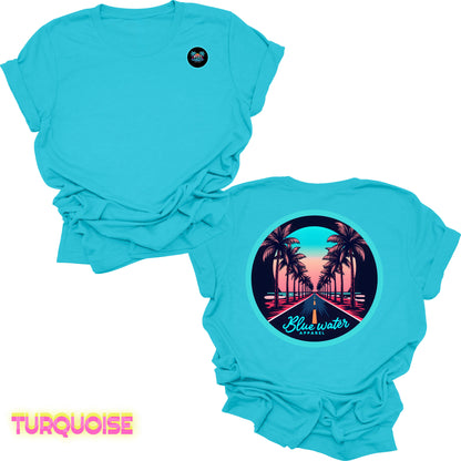 flat lay back graphic turquoise palm tree road tee by blue water apparel