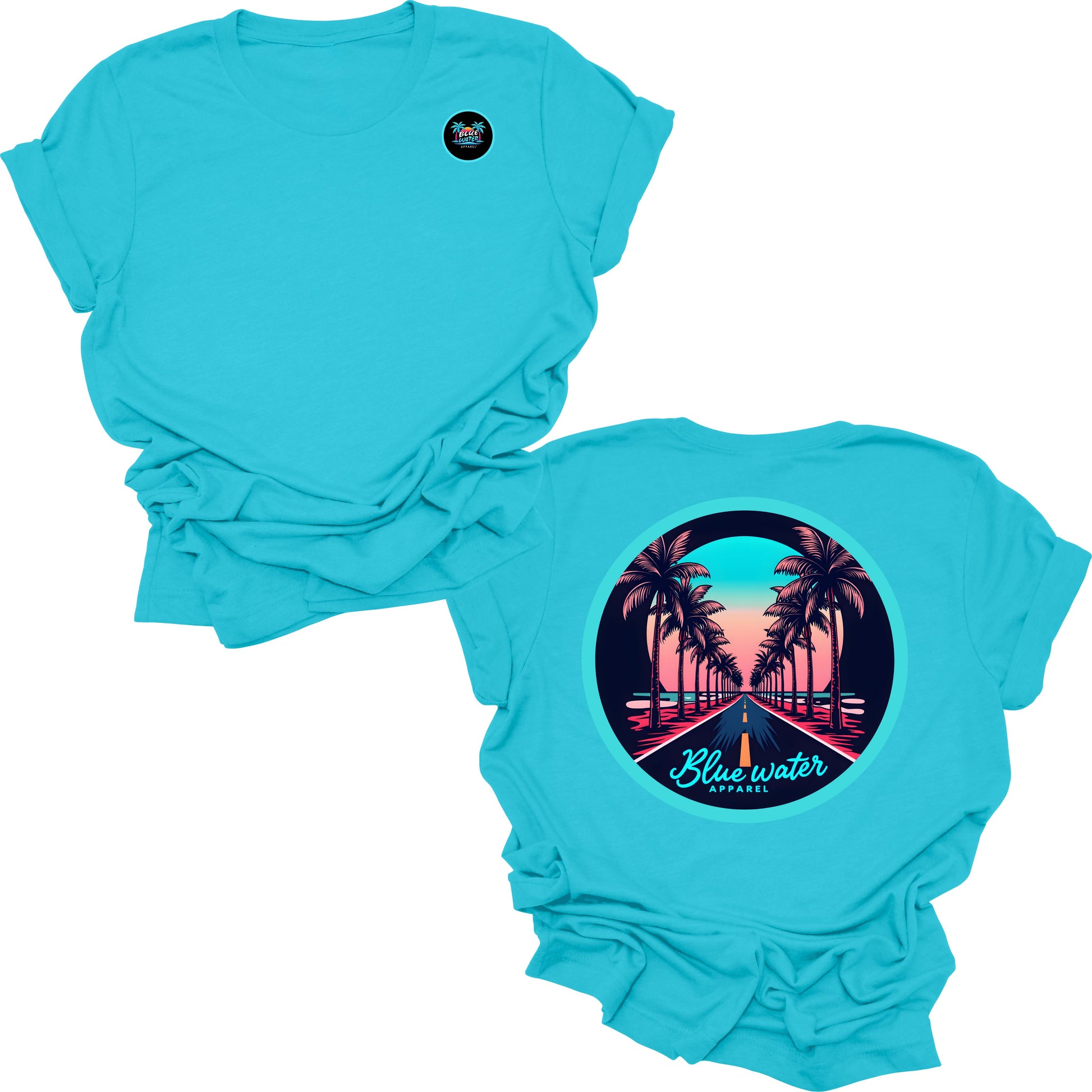 flat lay turquoise palm tree road tee by blue water apparel
