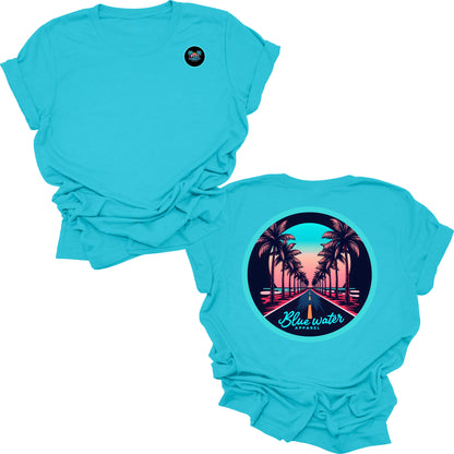 flat lay turquoise palm tree road tee by blue water apparel