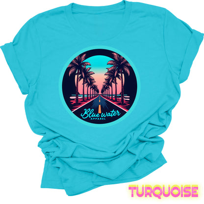 flat lay front graphic turquoise palm tree road tee by blue water apparel