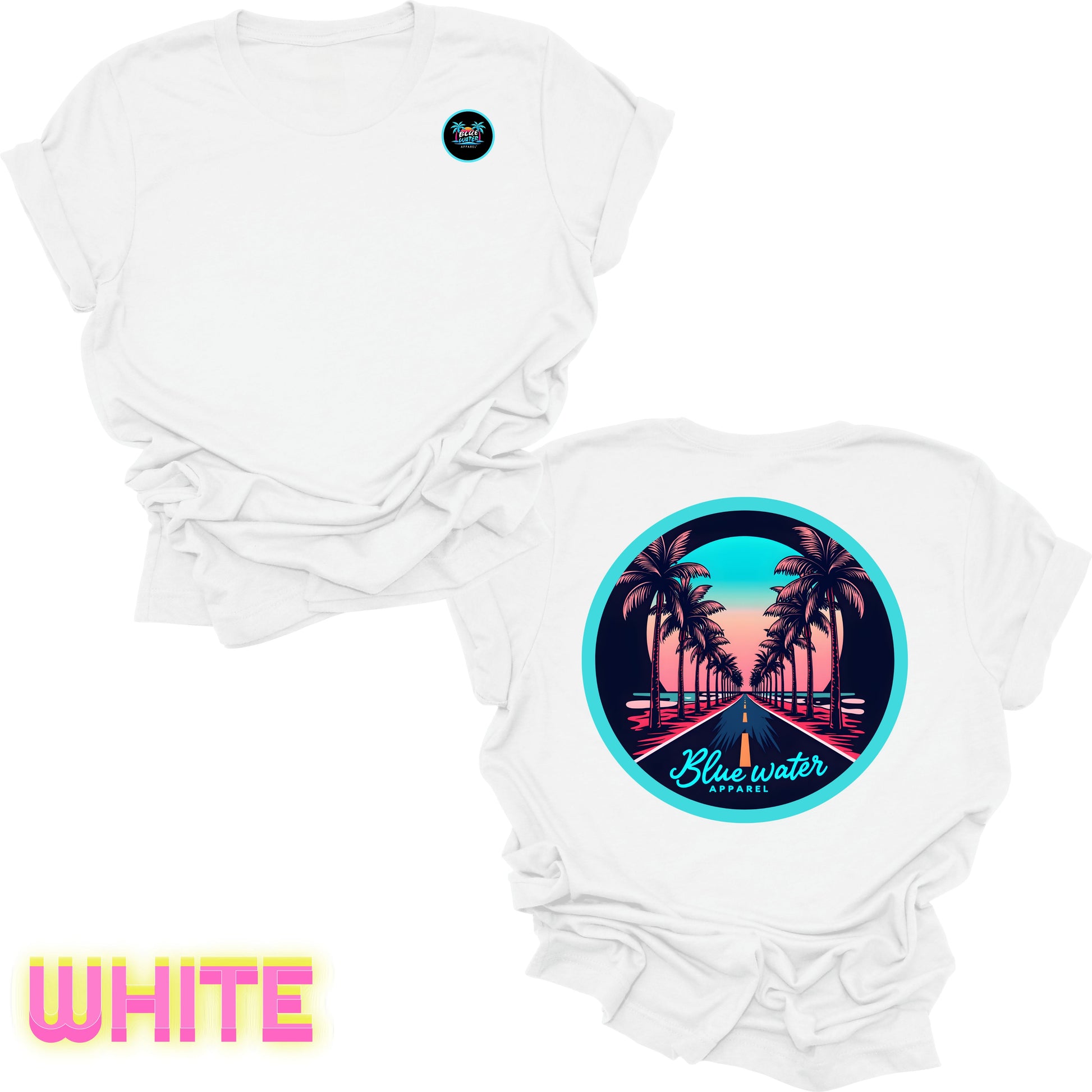 flat lay back graphic white palm tree road tee by blue water apparel