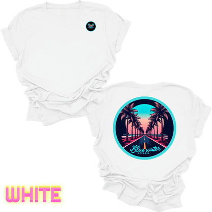 flat lay back graphic white palm tree road tee by blue water apparel