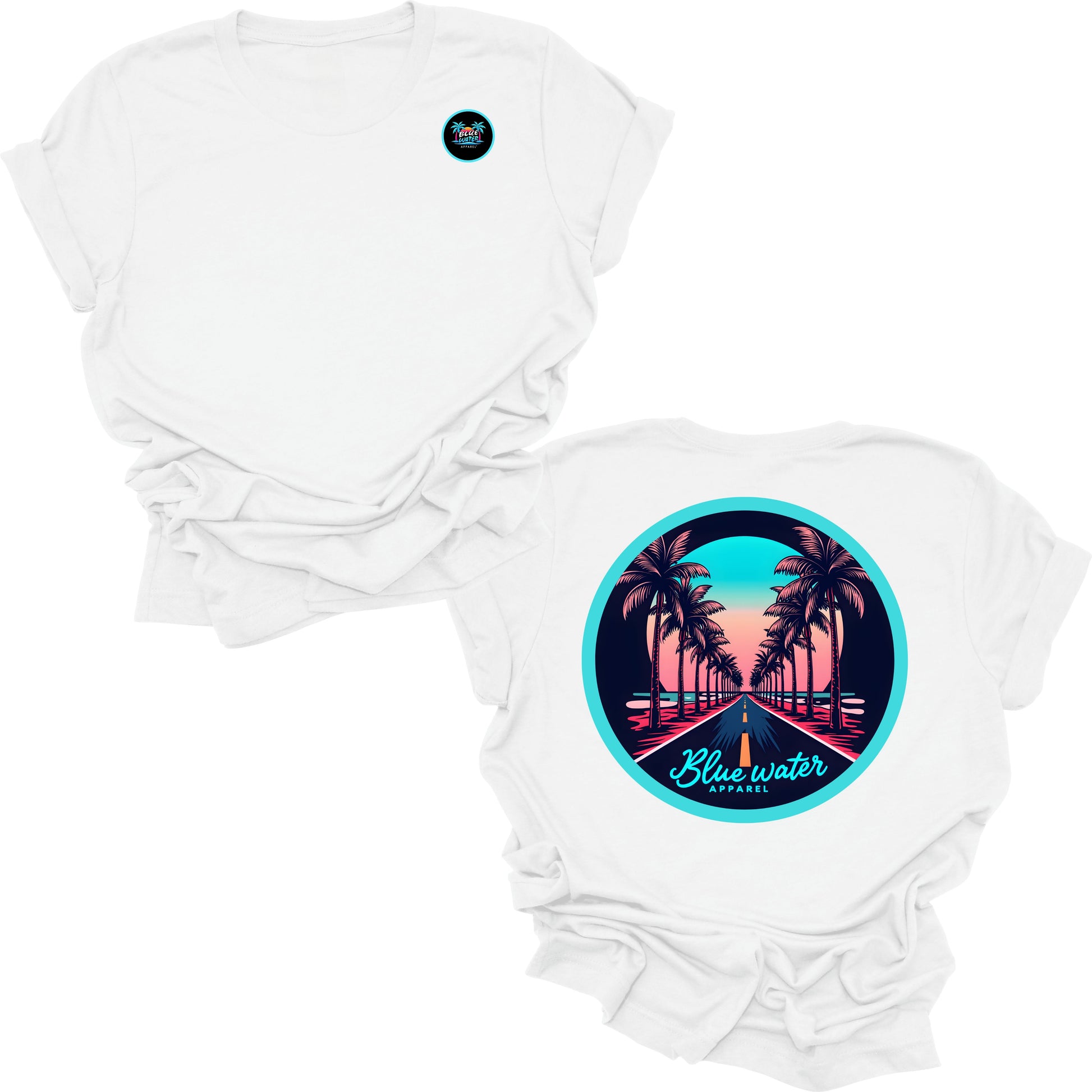 flat lay white palm tree road tee by blue water apparel