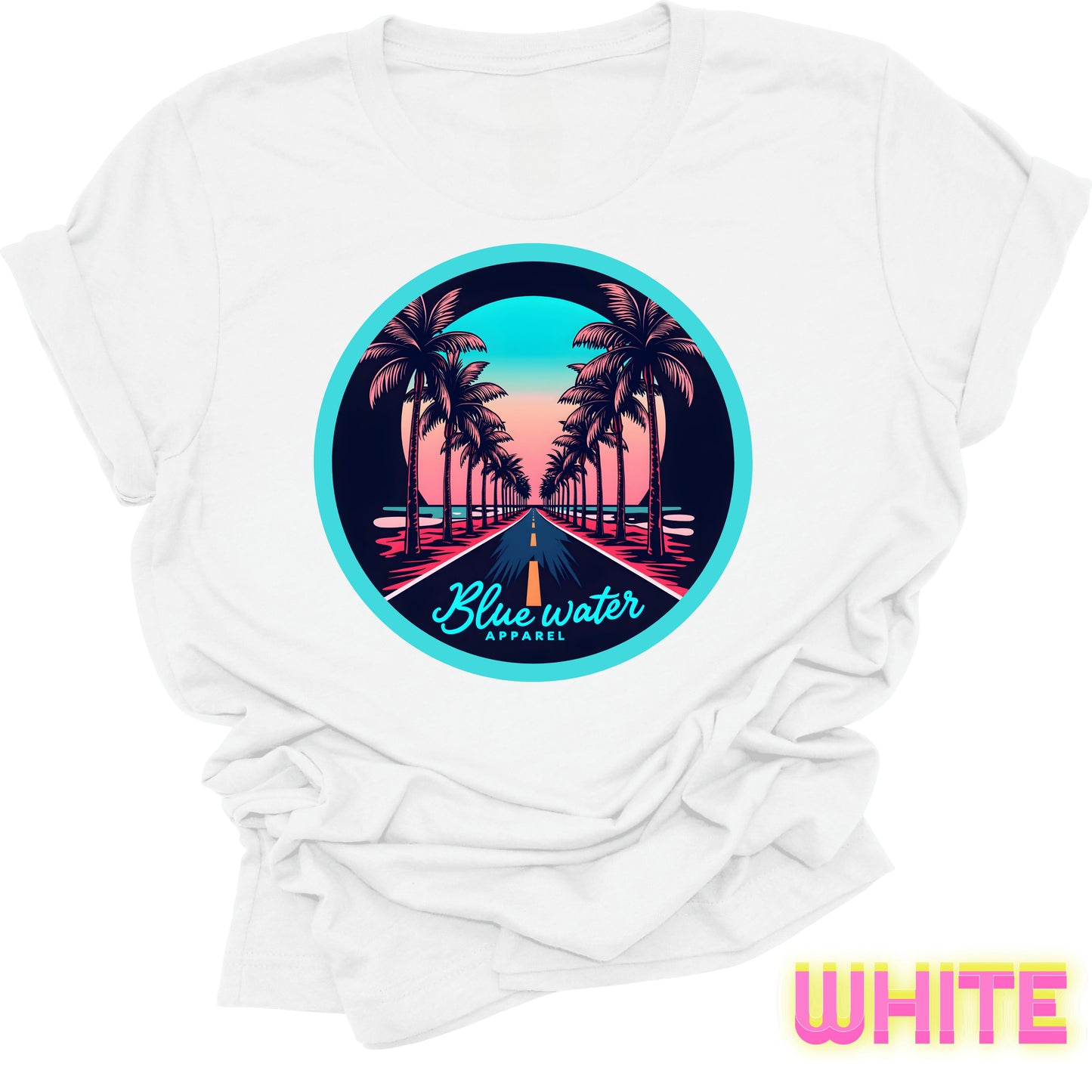 flat lay front graphic white palm tree road tee by blue water apparel