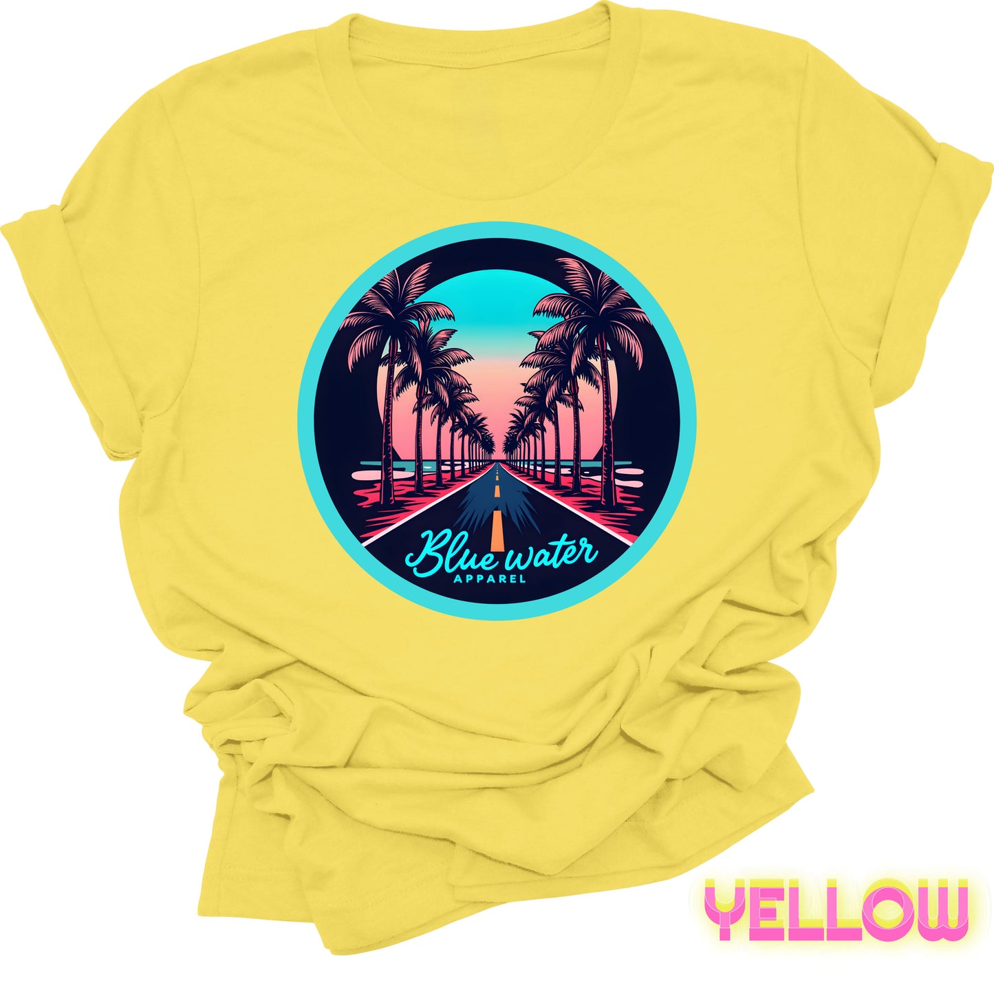 flat lay front graphic yelllow palm tree road tee by blue water apparel