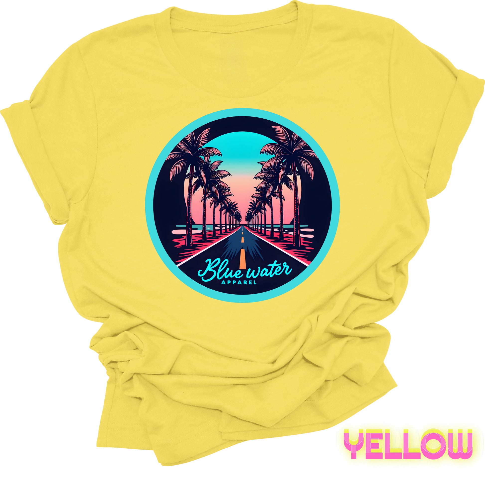 flat lay front graphic yelllow palm tree road tee by blue water apparel