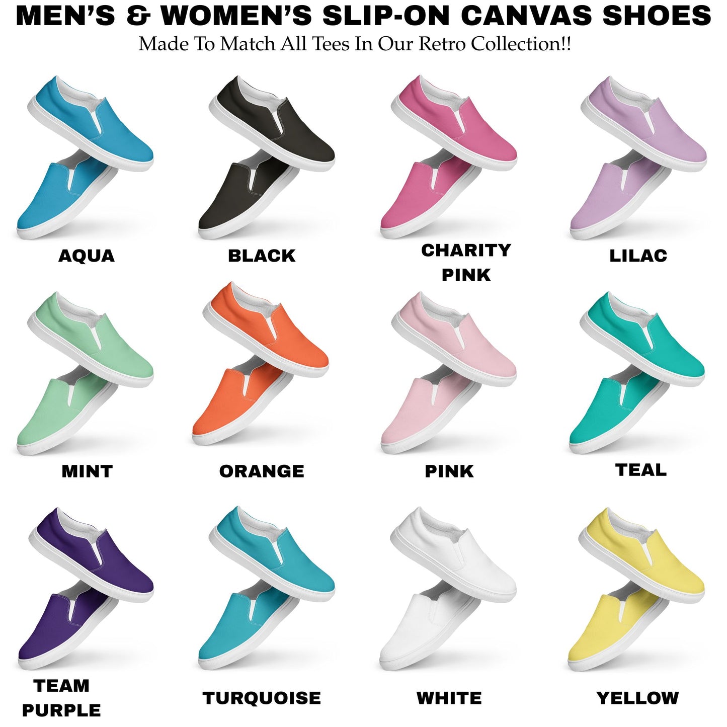 slip on canvas shoes to match all tees in retro collection by blue water apparel