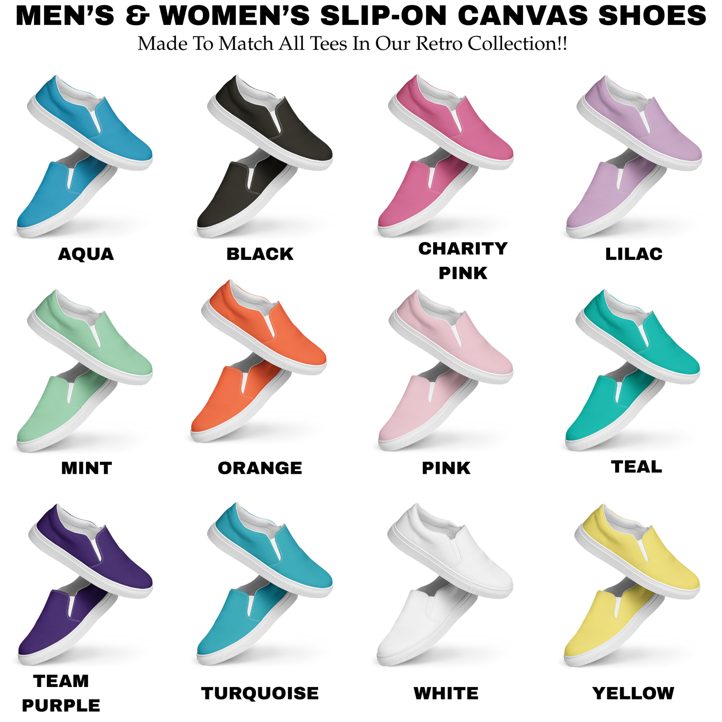 matching slip on canvas shoes to match all tees in retro collection by blue water apparel