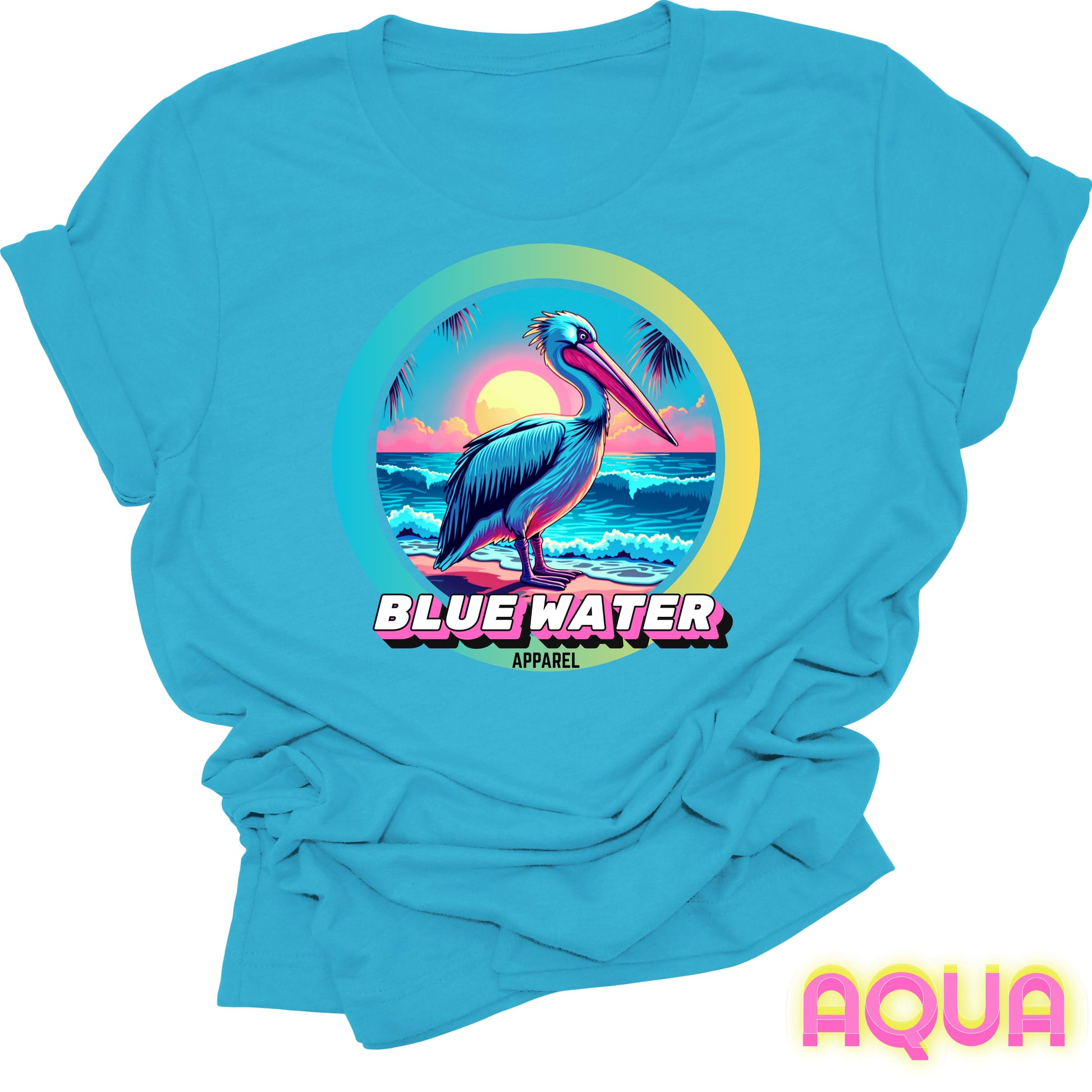 flat lay front graphic aqua retro pelican tee by blue water apparel