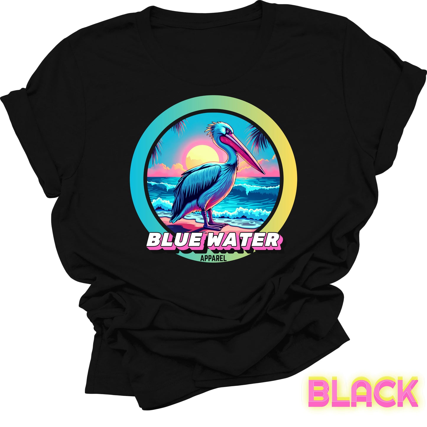 flat lay front graphic black retro pelican tee by blue water apparel
