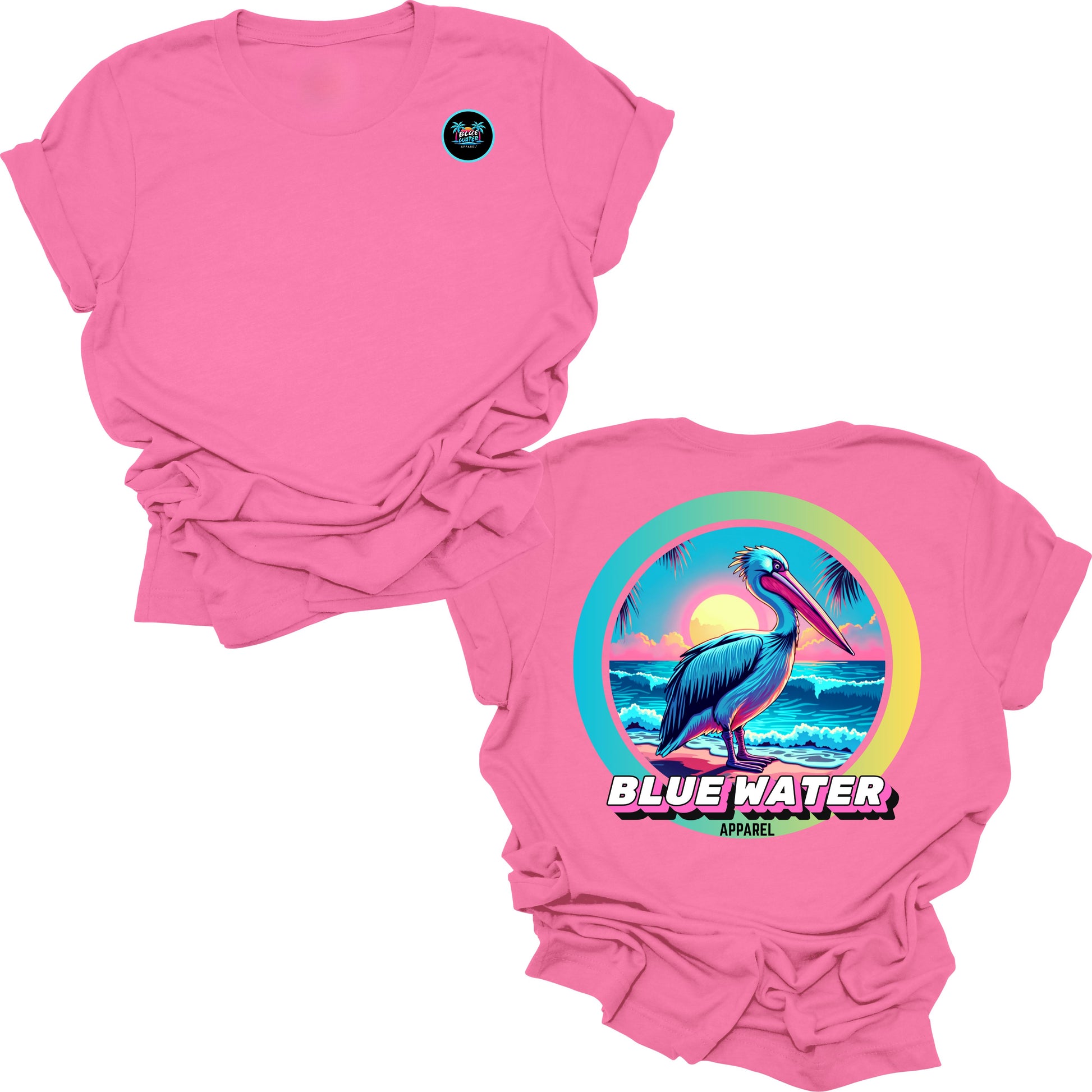 Flat lay charity pink retro pelican tee by blue water apparel