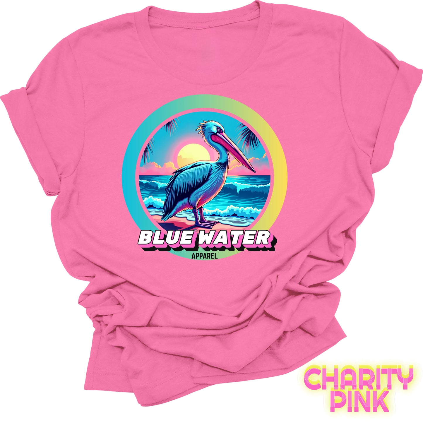 flat lay front graphic charity pink retro pelican tee by blue water apparel