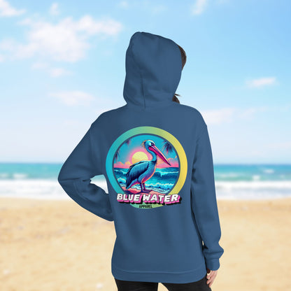 woman model on beach wearing indigo blue retro pelican hoodie by blue water apparel