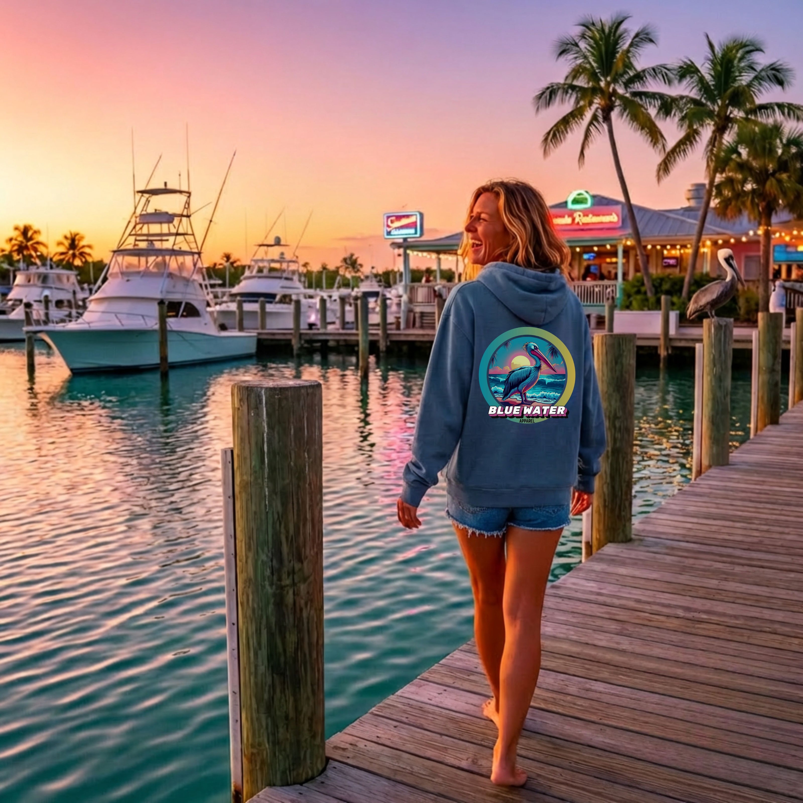 woman wearing indigo blue retro pelican hoodie on beach town boardwalk by blue water apparel