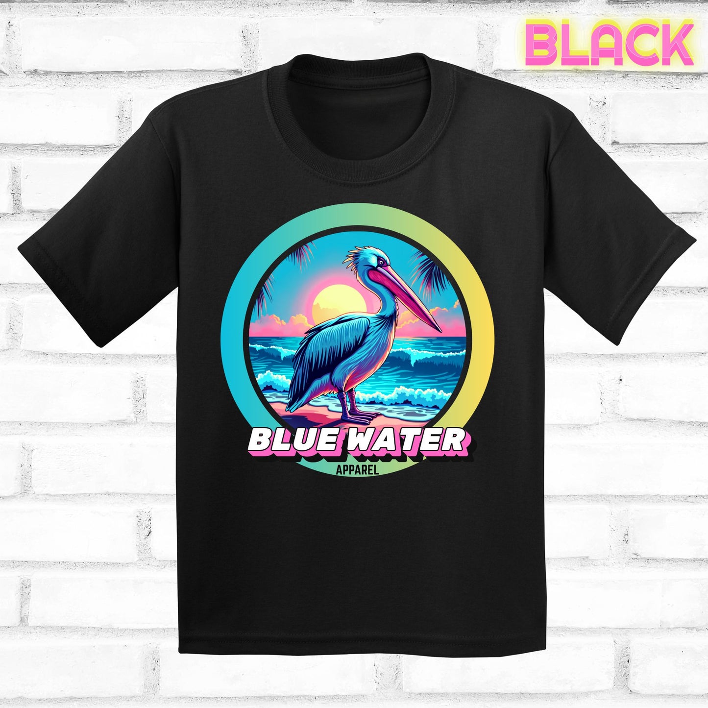 Front lay black retro pelican tee by blue water apparel
