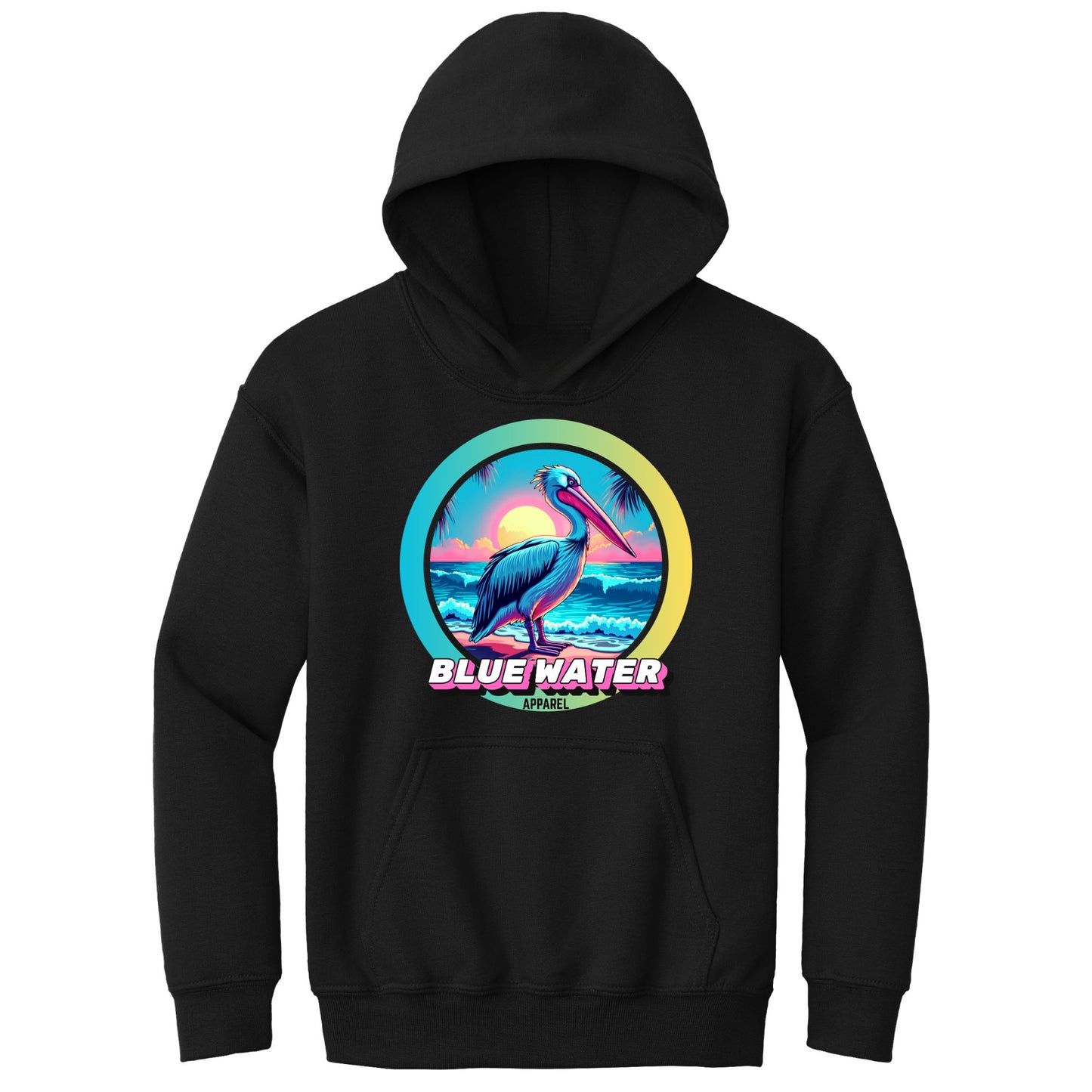 flat lay black retro pelican kids hoodie by blue water apparel