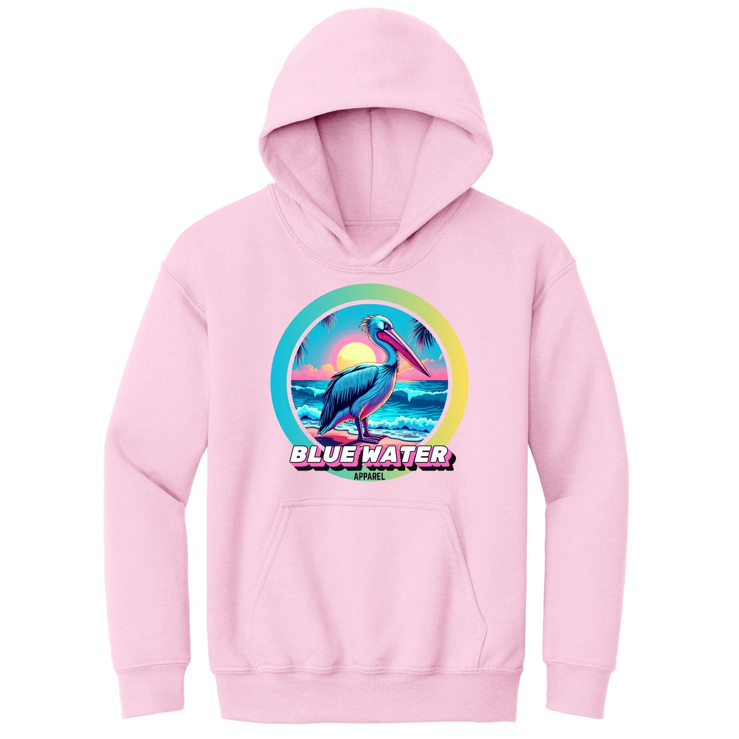 flat lay light pink retro pelican kids hoodie by blue water apparel