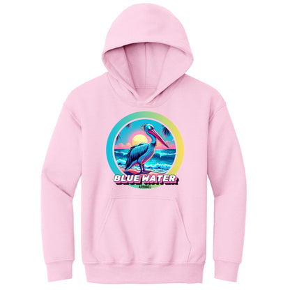 flat lay light pink retro pelican kids hoodie by blue water apparel