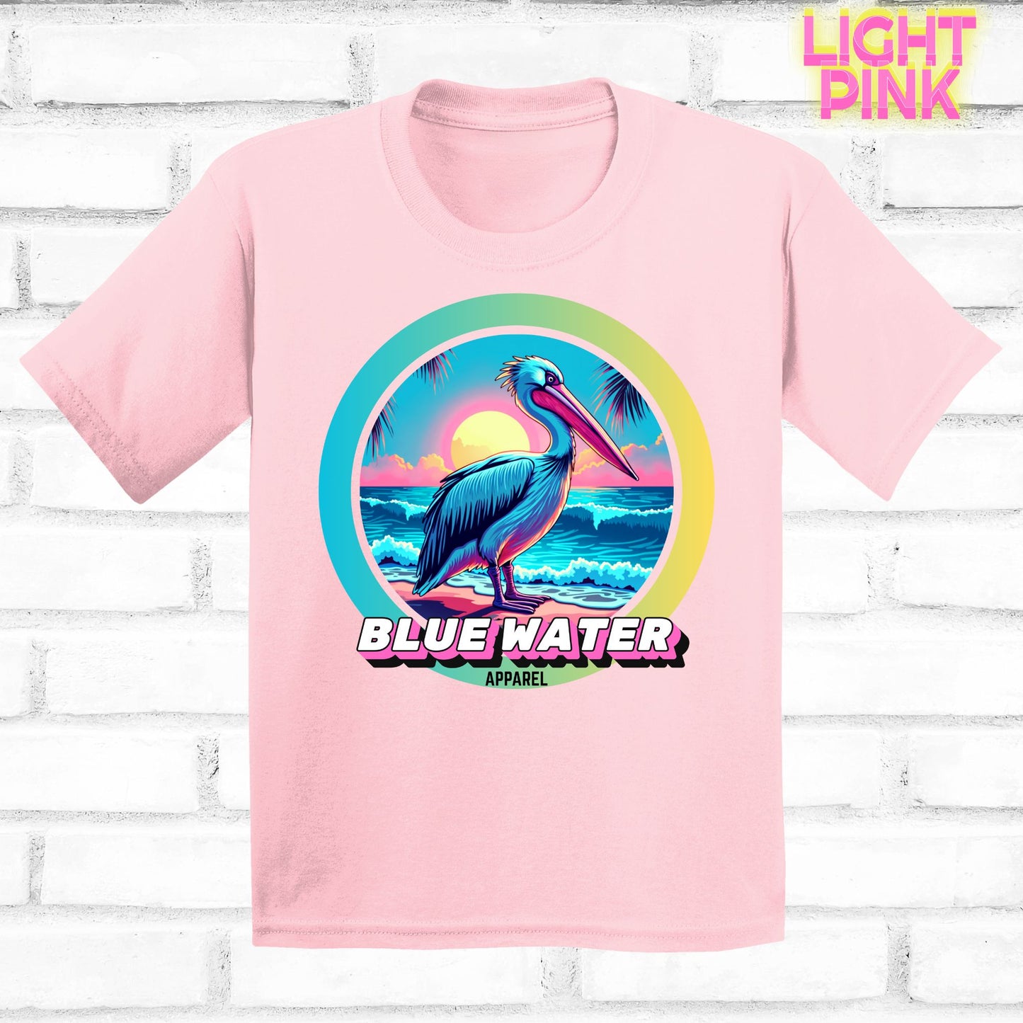 Front lay light pink retro pelican tee by blue water apparel
