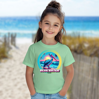 child model on beach wearing mint green retro pelican tee by blue water apparel