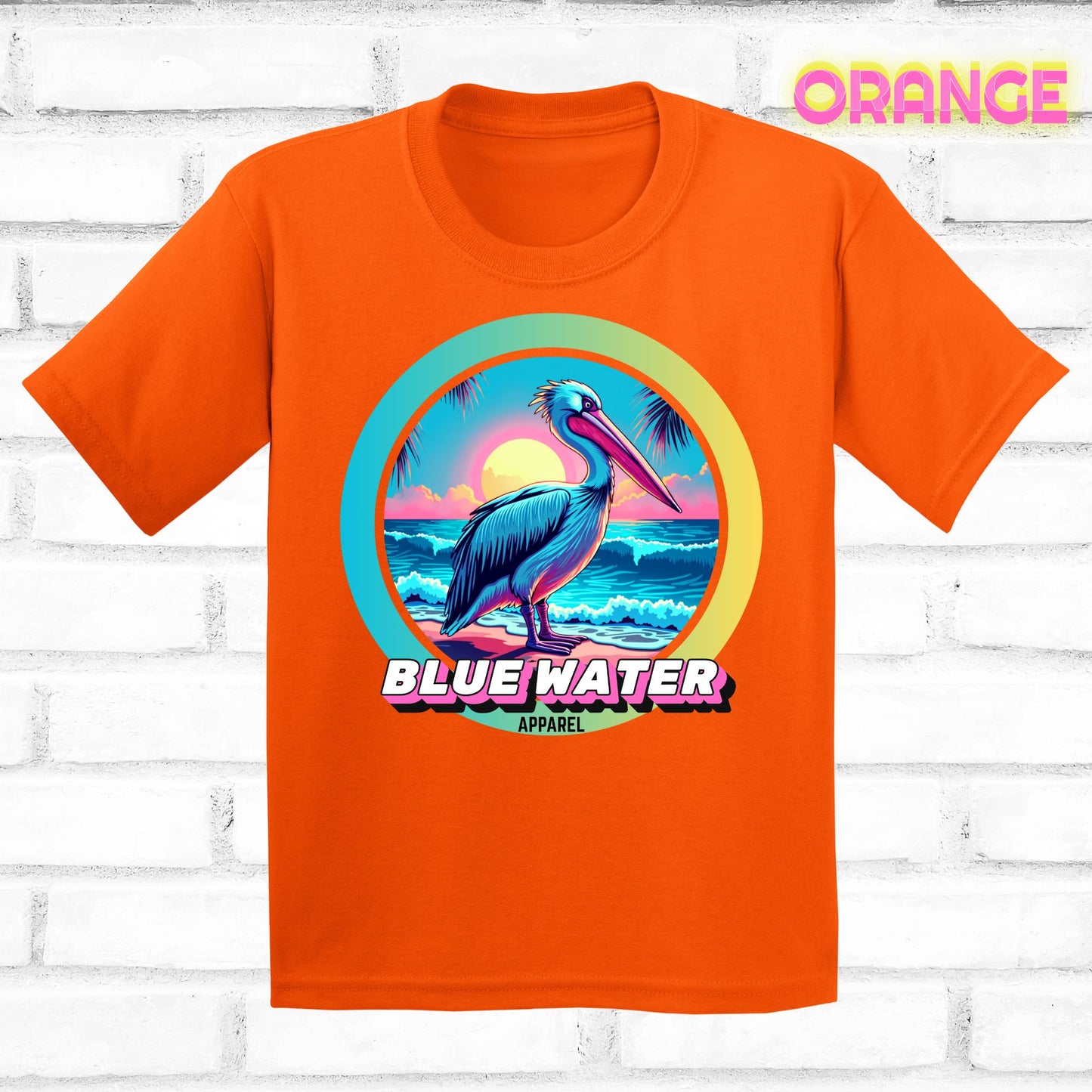 Front lay orange retro pelican tee by blue water apparel