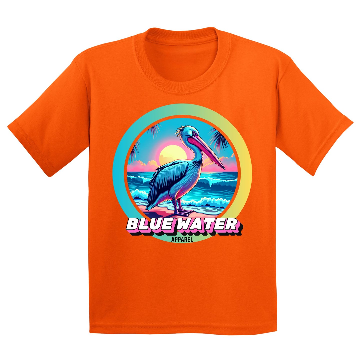 flat lay orange retro pelican kids tee by blue water apparel