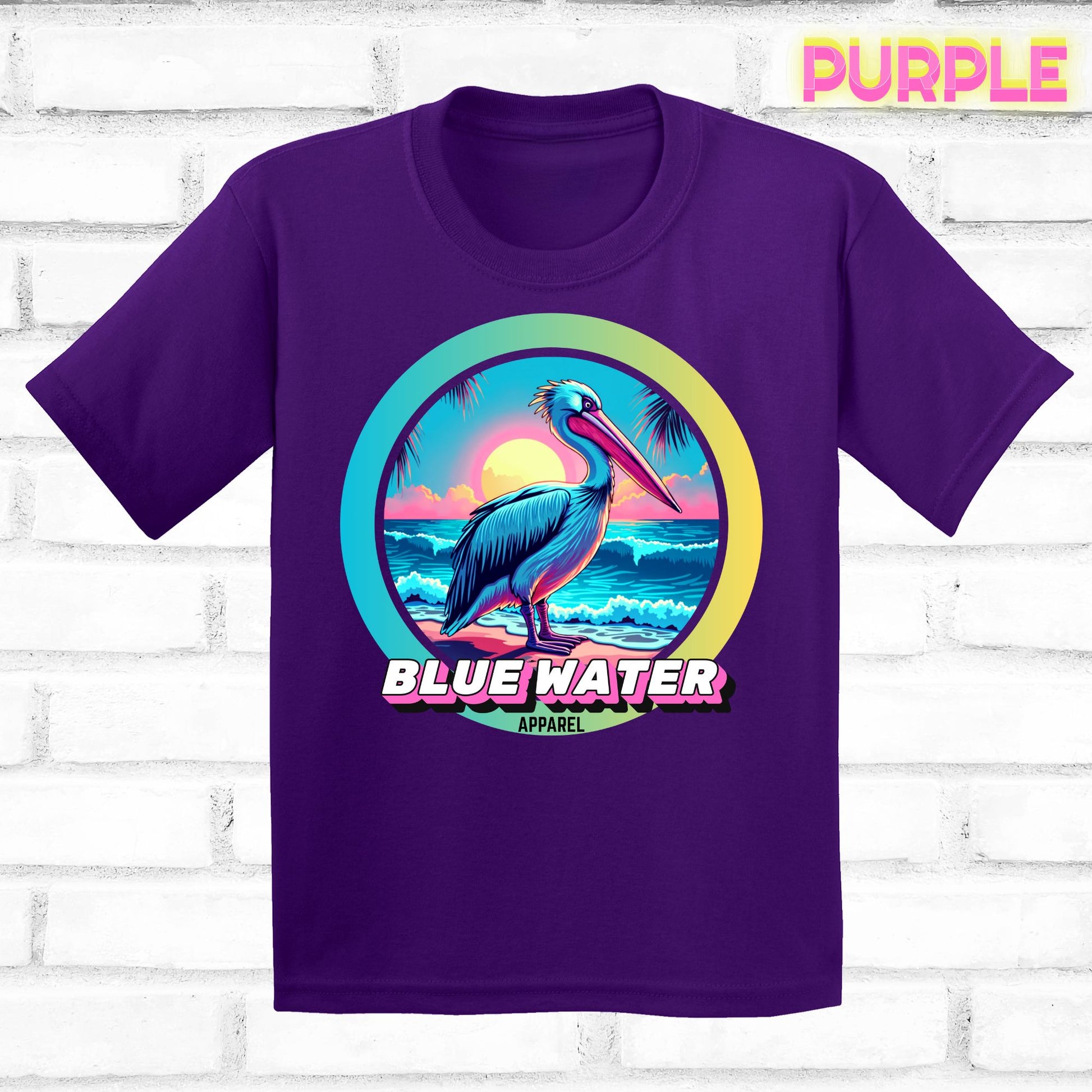 Front lay team purple retro pelican tee by blue water apparel