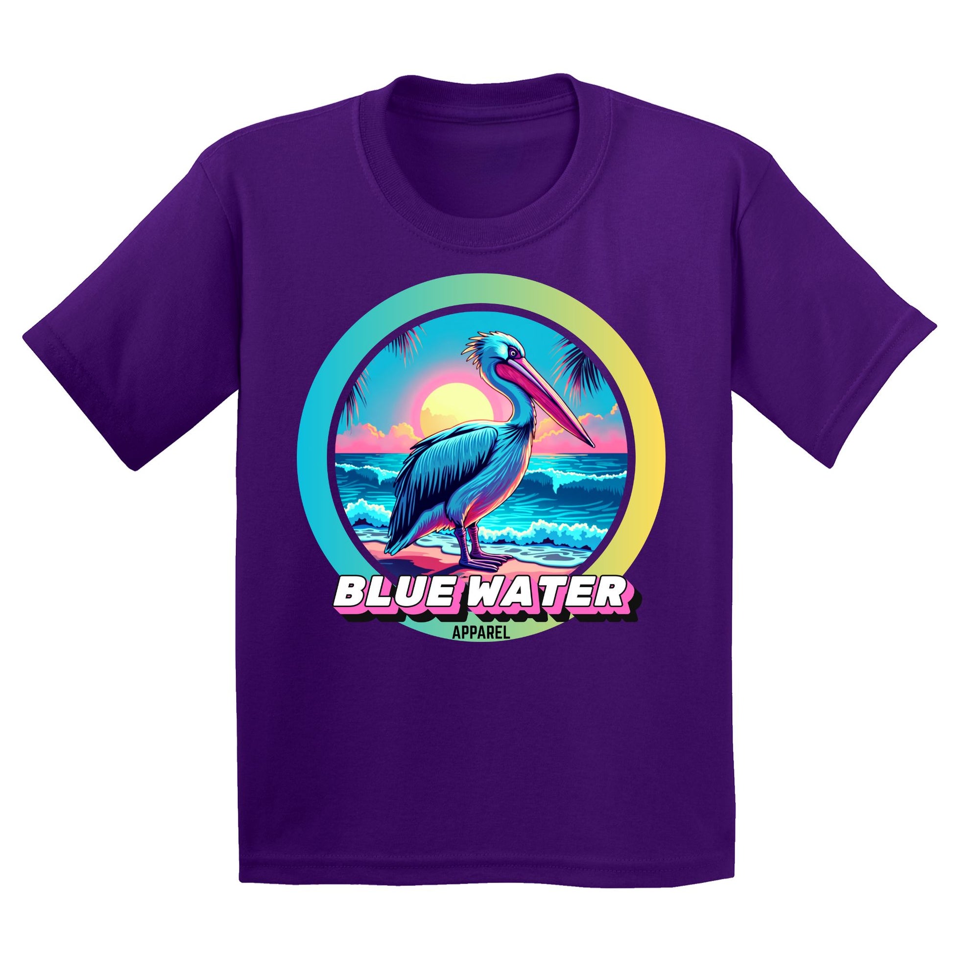 flat lay purple retro pelican kids tee by blue water apparel